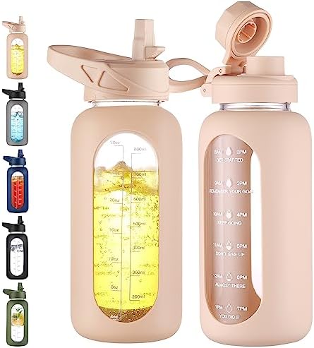 CIVAGO 32 oz Glass Water Bottle with Straw and Handle, Large Sports Motivational Water Bottle Flask with Time Marker and 2 Lids, Leakproof Water Jug Canteen with Silicone Sleeve for Gym,Beige