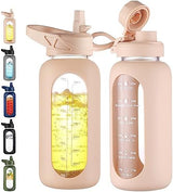CIVAGO 32 oz Glass Water Bottle with Straw and Handle, Large Sports Motivational Water Bottle Flask with Time Marker and 2 Lids, Leakproof Water Jug Canteen with Silicone Sleeve for Gym,Beige