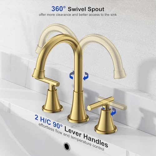 Bathroom Faucets for Sink 3 Hole, Hurran Brushed Gold Bathroom Sink Faucet with Pop-up Drain and Supply Lines, Stainless Steel Lead-Free Widespread Faucet for Vanity RV Farmhouse Sink