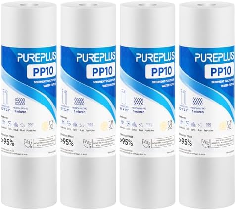 PUREPLUS 5 Micron 10" x 2.5" Whole House Sediment Home Water Filter Cartridge Replacement for Any 10 inch RO Unit, Culligan P5, Aqua-Pure AP110, Dupont WFPFC5002, CFS10, WHKF-G05, 4Pack