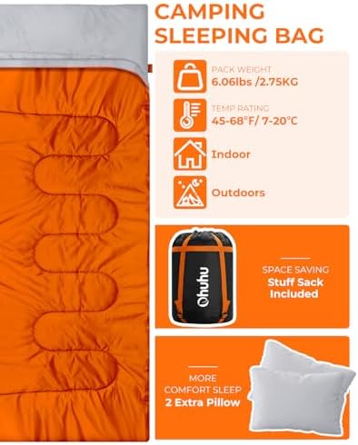 Ohuhu Double Sleeping Bag for Adults with 2 Pillows, Queen Size Two Person Sleeping Bag for Camping Hiking Backpacking 2 Person Sleeping Bags for Cold Weather & Warm