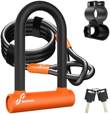 Sportneer Bike U Lock - Heavy Duty Anti Theft Bike Lock with 5ft Security Steel Cable - 17mm Shackle Bicycle U-Locks with Keys & Sturdy Mounting Bracket for Road, Mountain, Electric Bike - Orange