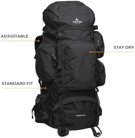 TETON 85L Explorer Internal Frame Backpack for Hiking, Camping, Backpacking, Rain Cover Included, Black