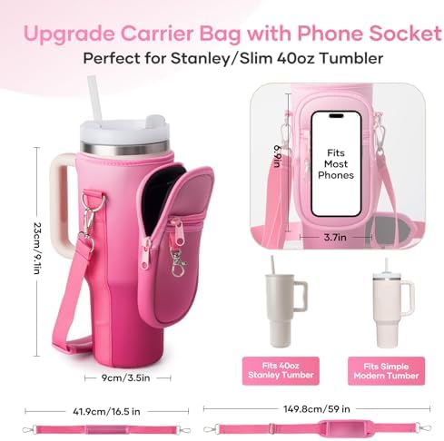 linmaya Water Bottle Carrier Bag with Phone Pocket for Stanley Cup 40/30oz,Insulated Neoprene Water Bottle Holder Cross-boday Bag with Adjustable Shoulder & Handheld Strap Stanley Cup Accessories