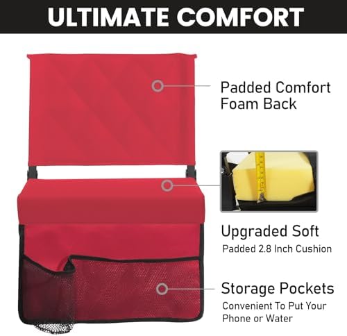 Sheenive Red Stadium Seats for Bleachers with Back Support, Padded Soft Comfy Backs and Cushion, Extremely Large and Portable