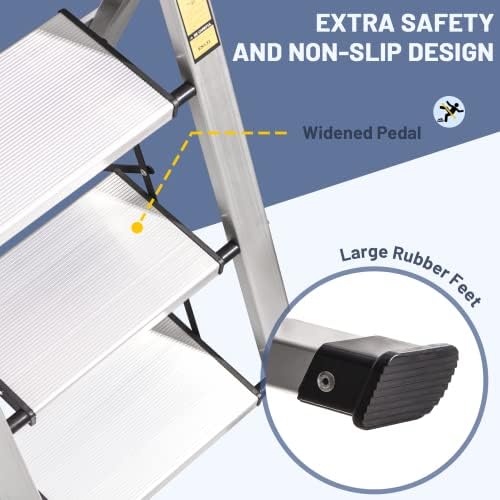 XinSunho 3 Step Ladder, Retractable Handgrip Folding Step Stool Ladders with Anti-Slip Wide Pedal, Aluminum 3 Steps, 330lbs Safety Household Ladder