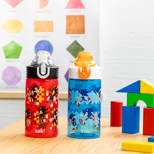 Zak Designs Sonic the Hedgehog Sage Kids Water Bottle For School or Travel, 16oz Durable Plastic Water Bottle With Straw, Handle, and Leak-Proof, Pop-Up Spout Cover, 2-Pack Set (Sonic & Shadow)