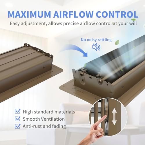 4" x 12" Floor Register 2 Pack - Heavy Duty Steel Walkable Floor Vents - Easy Adjust Air Supply Lever - Vent Covers for Home (Brown)