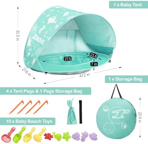 Zooawa Baby Beach Tent, Pop Up Beach Tent Sun Shade for Beach, Portable Shade Pool UV Protection Sun Shelter for Infant with Beach Sand Toys Set