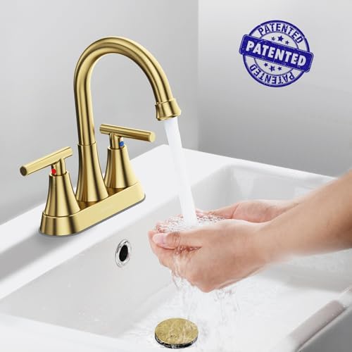 4 inch Brushed Gold Bathroom Sink Faucet with Pop-up Drain and 2 Supply Hoses, Stainless Steel Lead-Free 2-Handle Centerset Faucet for Bathroom Sink Vanity RV