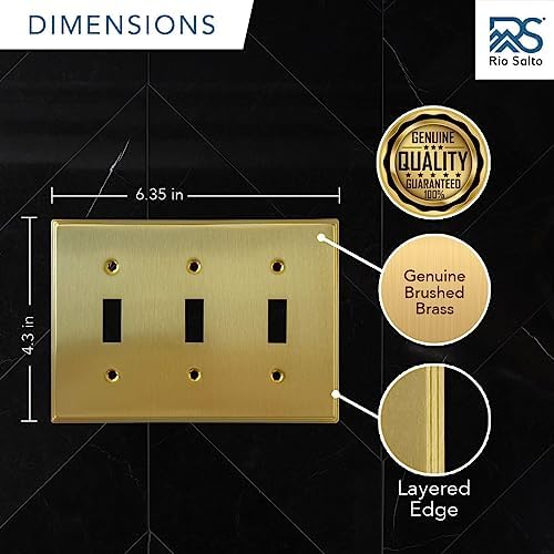 Rio Salto BRASS Modern Metal Gold Triple Toggle Light Switch Metal Wall Plate 3-Gang Toggle Wallplate Cover Wall Plate Light Switch Covers