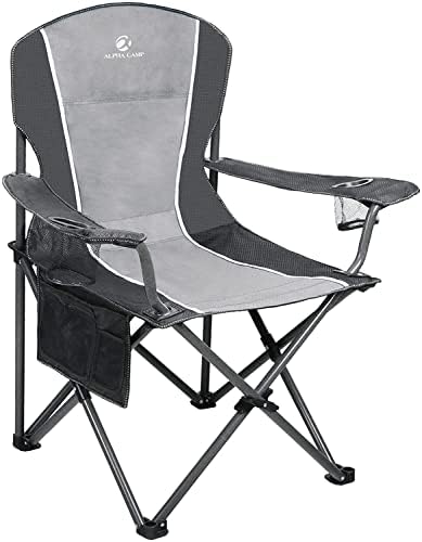 ALPHA CAMP Oversized Camping Folding Chair - Heavy Duty Steel Frame Support 350 LBS, Collapsible Padded Arm With Cup Holder, Quad Lumbar Back, Portable for Outdoor/Indoor