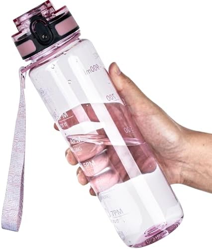 OLDLEY Water Bottle, 32oz Motivational Sports Water Bottle with Time Marker - Times to Drink - Tritan, BPA Free, Wide Mouth Leakproof,Clear Pink