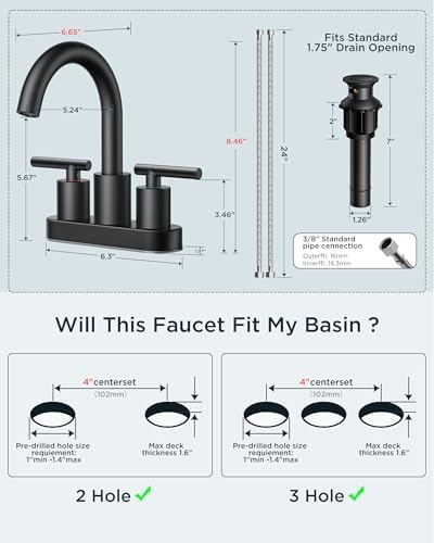 FORIOUS 4 Inch Centerset Bathroom Faucet Black 2 Hole, Two Handle Matte Black Faucet for Bathroom Sink with Metal Dain, 24" Supply Line, and 360° Rotating Spout of 4" Vanity