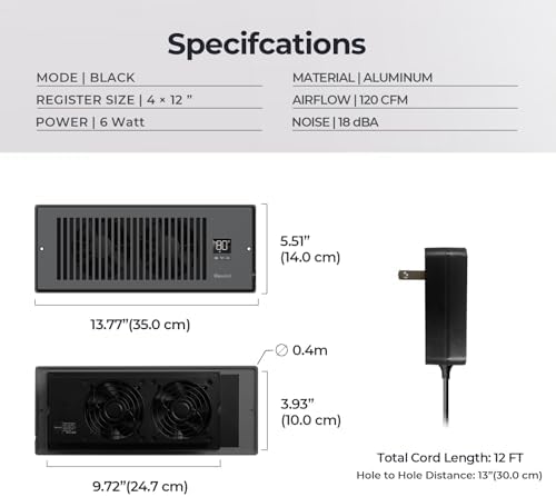 Quiet Register Booster Fan Fits 4" x 12" Register Holes, 10-Speed Smart Heating Cooling AC Vent Fan with Remote Control and Thermostat Control - Black