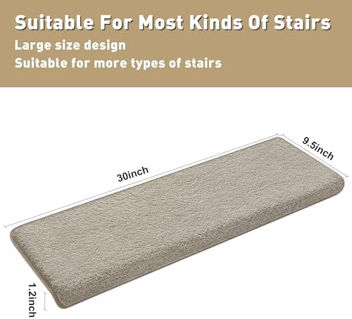 PURE ERA Carpet Stair Treads Ultra Plush 9.5" X 30"Soft Bullnose Indoor Stair Protectors Pet-Friendly Non-Slip Skid Resistant Tape Free Washable Reusable(14 Pieces, Cream Gray)