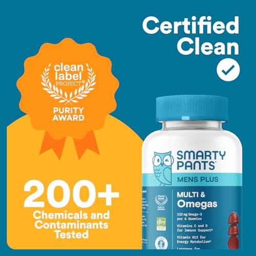 SmartyPants Men's Multivitamin Gummies - Improved Formula: Omega 3 (DHA/EPA), Methylfolate, Vitamin D3, C, Vitamin B12, B6, Vitamin A, K, Zinc & Selenium, Gluten Free, 90 Count (30 Day Supply)