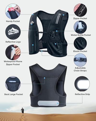 Running Vest for Women Men, USA Original Patent, Adjustable Chest Straps Running Hydration Vest with Phone Holder and 6 Pockets, Lightweight Reflective Running Vest for Hiking Running