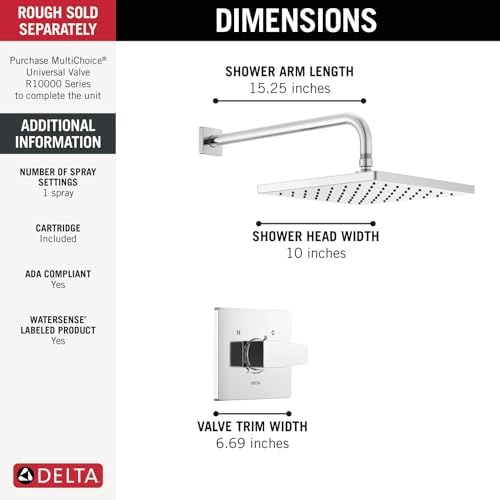 Delta Faucet Modern Raincan Square Single-Function Shower Valve Trim Kit Gold, Shower Faucet Set, Rainfall Shower Head Gold, Delta Shower Kit, Champagne Bronze T14268-CZ-PP (Valve Not Included)