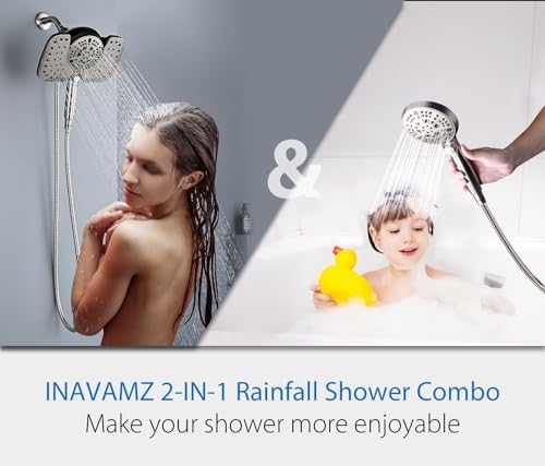 Nickel 2.5GPM Shower Head with Handheld High Pressure: 10” Rainfall Shower Head & HandHeld Shower Head, 10 Spray Settings Detachable Shower Head with ON/OFF Switch and 15-Stage Filter