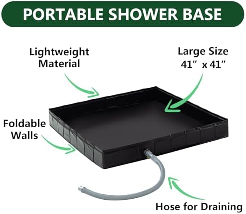 Portable Shower Pan, 41" x 41" x 5" Foldable Shower Base & Basin Floor with Detachable Drain Pipe, Ideal for RV, Outdoor,Indoor Shower Stall Enclosures