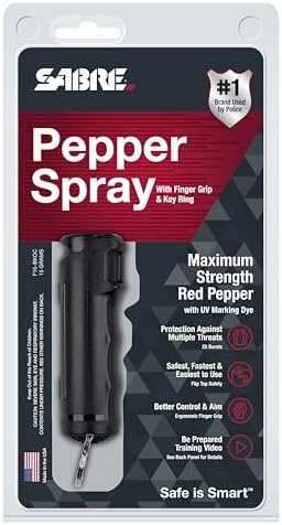 SABRE Pepper Spray with Fast Flip Top, Maximum Police Strength OC Spray, Key Ring for Easy Carry and Fast Access, Finger Grip for More Accurate and Faster Aim, 0.54 fl oz, Secure and Easy to Use