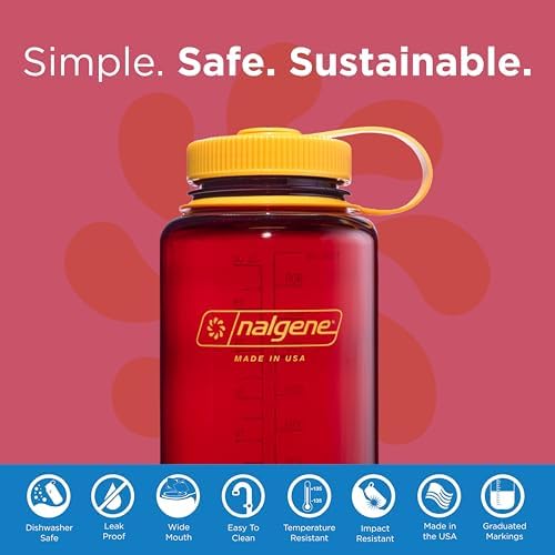 Nalgene Water Bottle - Lightweight Sustain Tritan BPA-Free Shatterproof Bottle for Backpacking, Hiking, Gym, 32 OZ, Wide Mouth, Laker