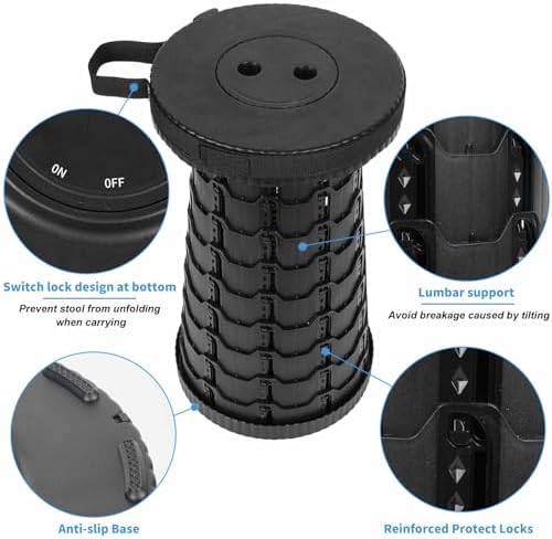 Collapsible Telescoping Portable Stool for Adults, Camping Stools, Upgraded Collapsible Folding Seats with Load Capacity 550lbs, Black