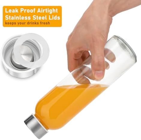 [10 Pack]18 oz Glass Water Bottles with Lids, Juice Bottles, Clear glass juice bottle for juicing, Eco-Friendly Reusable Glass Juicing Bottles with Stainless Steel Lid, BPA Free,Leak-Proof