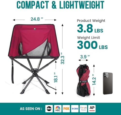 Swivel Portable Chair - Small Compact Collapsible Folding Chairs for Adults, Setup in 8 Seconds, Lightweight Outdoor Backpack Chair for Camping, Travel, Hiking, Beach, Support 300 LBS