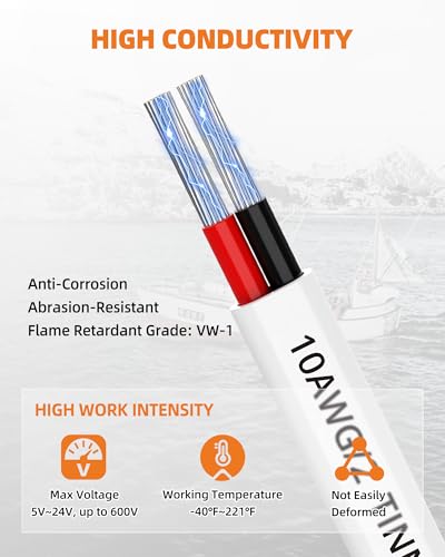 10 Gauge Marine Wire, 10/2 Duplex Marine Grade Cable, IP68 Waterproof/Oxygen-Free Tinned Copper Stranded PVC 10 AWG Wire for Boat, Automotive, RV, Solar, LED Strips (100FT/30M)