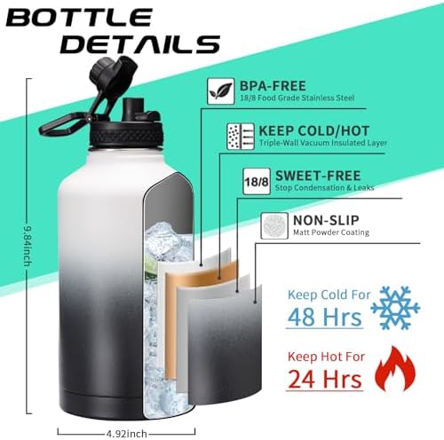 64OZ Stainless Steel Water Bottle with Paracord Handle, Straw/Spout Lid, Half Gallon Vacuum Insulated Water Flask Jug, Leak-Proof Large Sports Jug for Biking Travel Camping