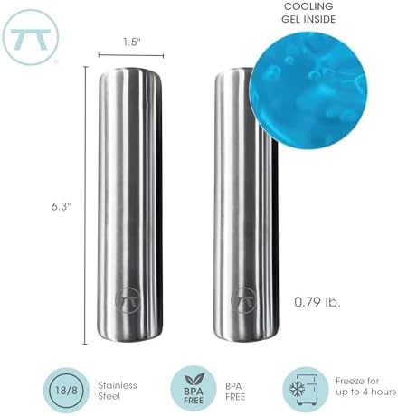 Outset Stainless Steel Cylinder Ice Packs, Set of 2 Reusable Travel Coolers, 6.3" x 1.6”
