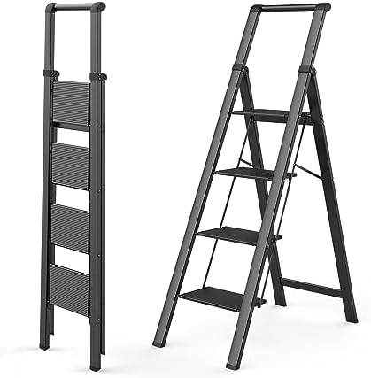 WOA WOA 4 Step Ladder, Ladders for Home, Anti-Slip Pedals, Aluminum Step Stool Foldable, Lightweight to Move, Ease of Storage, Reach 9ft for Closet Kitchen Library, Hold 300lbs - Black