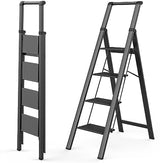 WOA WOA 4 Step Ladder, Ladders for Home, Anti-Slip Pedals, Aluminum Step Stool Foldable, Lightweight to Move, Ease of Storage, Reach 9ft for Closet Kitchen Library, Hold 300lbs - Black