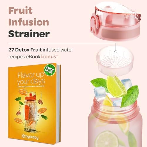Hydracy Water Bottle with Time Marker -Large BPA Free Water Bottle & No Sweat Sleeve -Leak Proof Gym Bottle with Fruit Infuser Strainer & Times to Drink -Ideal for Fitness Sports & Outdoors
