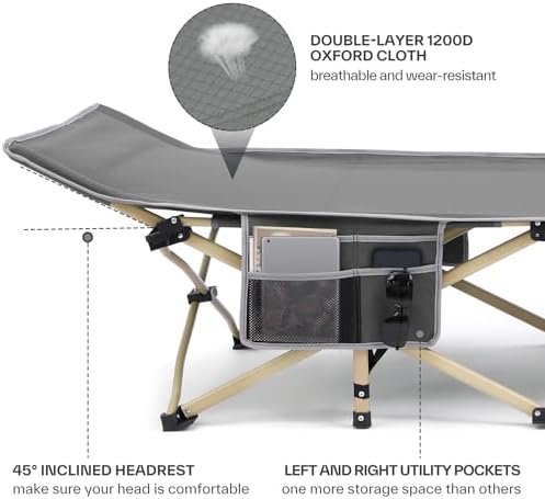 Sportneer Camping Cot: 1200D Double Layer Oxford Foldable Camping Cots for Adults - Heavy Duty Cots for Camping Travel Tent Day Outdoor & Home Guest, Camping Cots with Carry Bag & 2 Side Pockets
