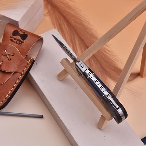 Set of 6 - Personalized Damascus Pocket Knife for Groomsmen -With Leather Sheaths - Custom Engraved Pocket Knives | Groomsman Gifts for Wedding, Groomsmen Proposal Gifts