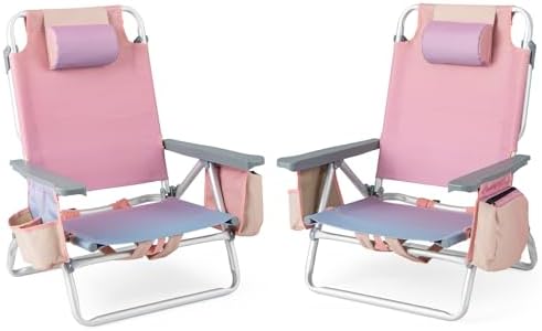 Giantex Folding Beach Chair, Patio Sling Chairs with 5 Adjustable Position, Head Pillow, Storage Bag, Towel Bar, Cup Holders, Backpack Chairs for Sunbathing, Camping Chair