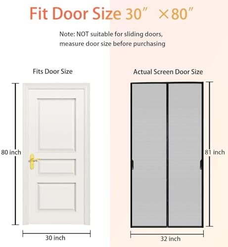 Magnetic Screen Door, Fit for Door Size:30"x80", Screen Itself Size 32"x81" Hands Free Entry, Pet and Kid Friendly, Reinforced Fiberglass Screen Door Mesh w/ 34 Strong Magnets for Patio/Front/Doorway