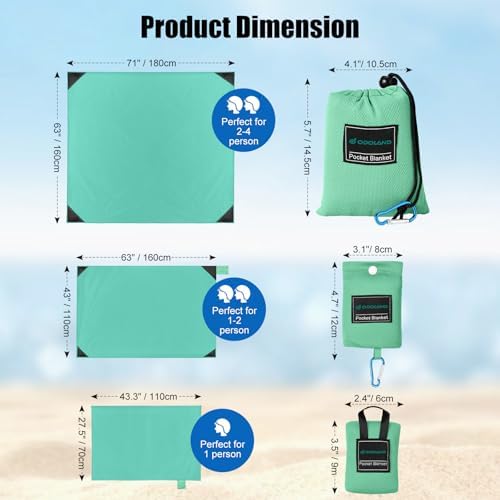 Odoland Beach Blanket Picnic Blanket, 43" x 63" SandProof Waterproof Outdoor Pocket Blanket with Portable Bag, Foldable Lightweight Sand Free Quick Drying Mat for Hiking Camping Travel, Light Green