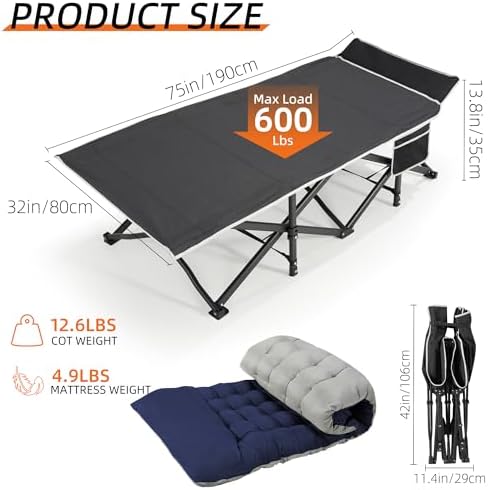 Portable Camping Cot, 32" Extra Wide Camping Cots for Adults with Thick Mattress, Heavy Duty Sleeping Cot Holds Up to 600LBS, Cots for Sleeping, Rv, Beach, Patio, Office Naps(Blue)