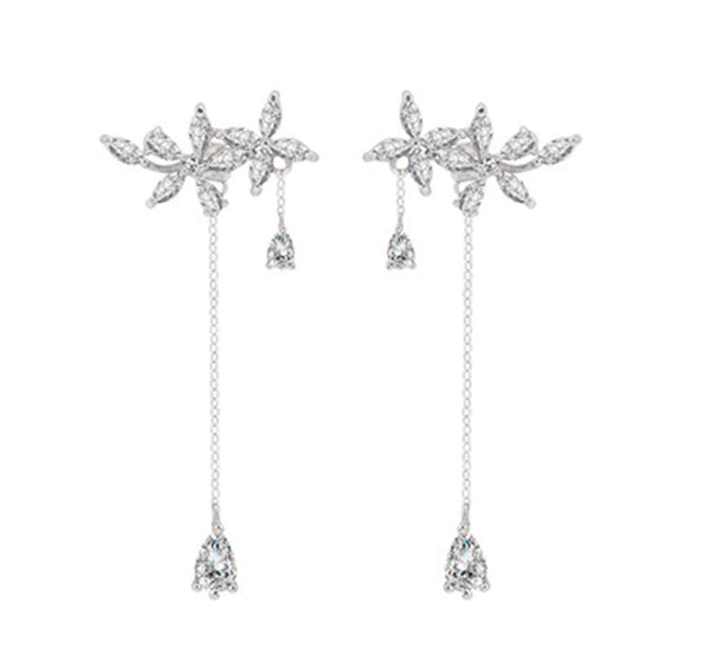 SLUYNZ 925 Sterling Silver Dainty CZ Flowers Wrap Earrings Dangle Chain for Women Elegant Bridal Wedding Earrings Engagement Drop (A-Silver)