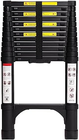 BOCOM 12.5 FT Aluminum Telescoping Ladder, Lightweight Multi-Purpose Collapsible Extension with 2 Triangle Stabilizers, Heavy Duty 330 lbs Max Capacity, Ideal for Home, RV, and Outdoor Work Black