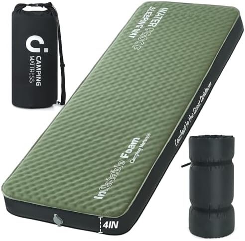 Self Inflating Sleeping Pad, 4in Ultra-Thick Foam Camping Cot Mattress with Air Pump Sack, Sleeping Mat for Adults Inflatable Camping Pad Mattress, Cot Bed, Travel, Car, Tent, Home, Army Green