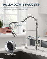 FORIOUS Kitchen Faucet with Soap Dispenser, Burhsed Nickel Stainless Steel Single Handle Modern Spring Commercial Sink Faucet with Pull Down Sprayer for RV Camp Bar Farmhouse