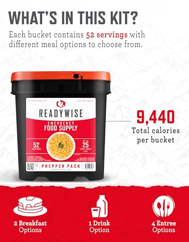 READYWISE - Prepper Pack Bucket, 52 Servings, Emergency, MRE Meal & Drink Supply, Premade, Freeze Dried Survival Food, Hiking, Adventure & Camping Essentials, Individually Packaged, 25 Year Shelf Life