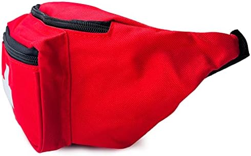 Lifeguard Fanny Pack Red with Whistle Lanyard - Baywatch Style First Aid Hip Pack, Adjustable Strap, Cross Logo + Zipper Pouch, 10 Pack