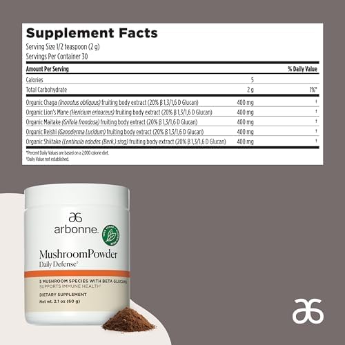 Arbonne Mushroom Powder Daily Defense - Daily Mushroom Supplement Powder Superblend That Supports Immune and Cognitive Health, 100% Organic Mushrooms, 2.1 oz