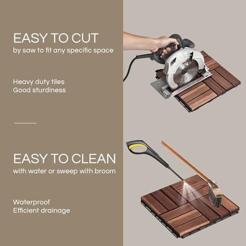 10 Pcs Interlocking Deck Tiles, Patio Flooring - Outdoor Waterproof Acacia Wood Tiles for All Weather Use - Balcony, Backyard, Indoor & Outdoor (Dark Brown, 10 Pcs - 12.1 Square Ft)